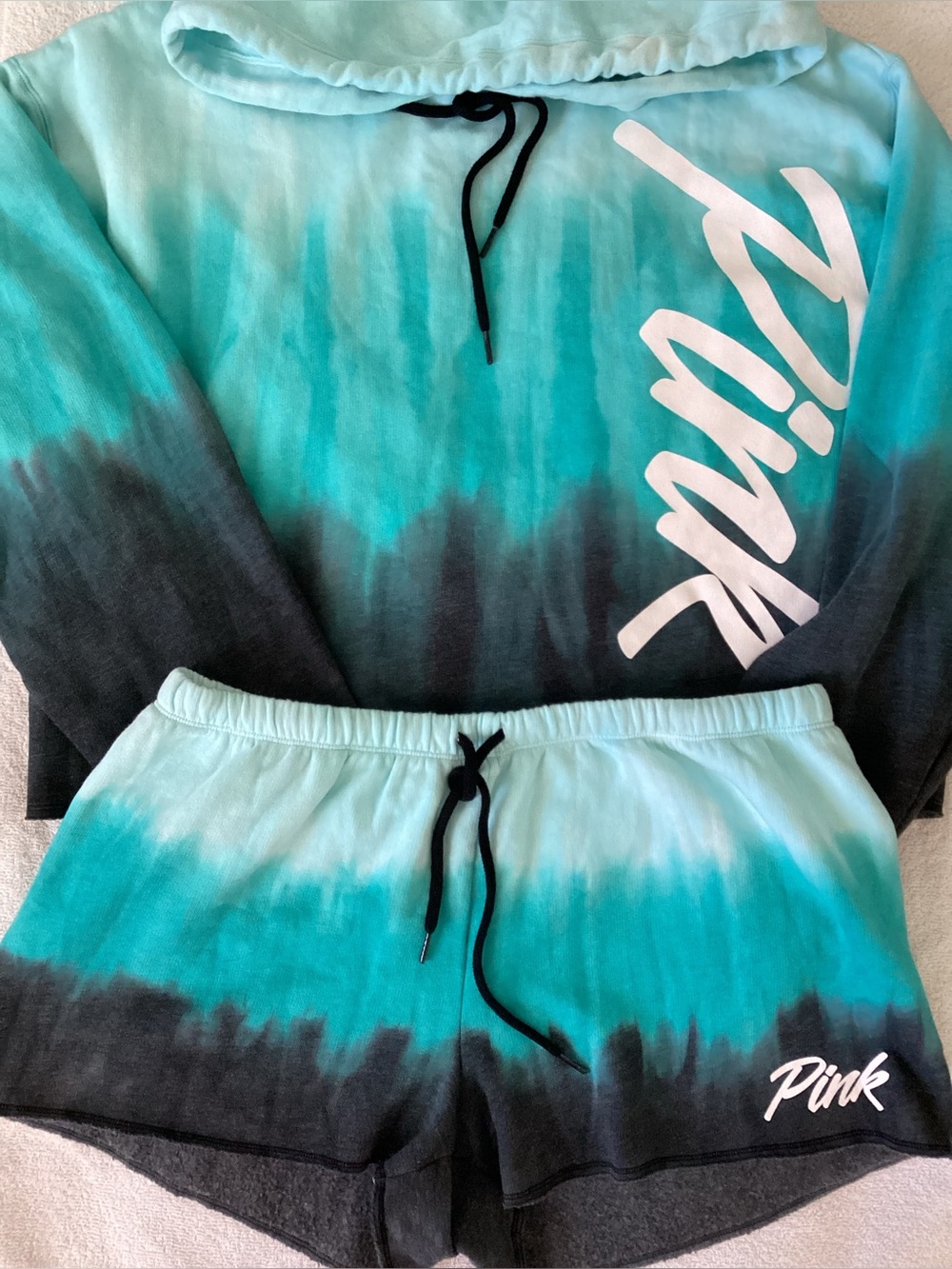 Victoria’s Secret PINK Ombré Tie Dye Dipped Campus Crop Hoodie Shorts Set L NWT